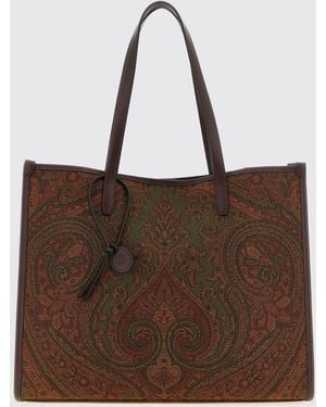 Etro Paisley Cotton Canvas Tote Bag With Double Handles And Pegaso Logo - Brown
