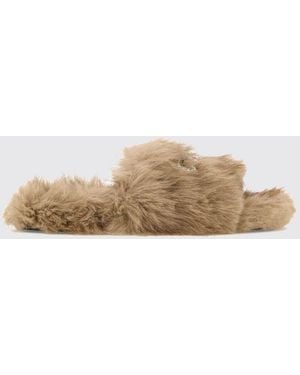 Balenciaga Faux Fur Slides With Bow And Rhinestone Embellishment - Natural