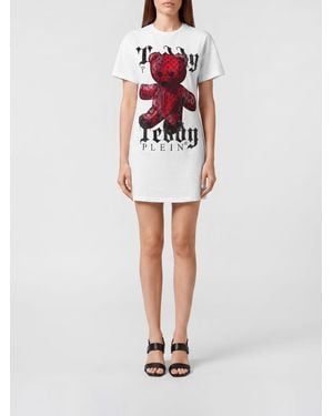 Philipp Plein Slim Fit T-Shirt-Minikleid Von Mit Teddybär-Print Und Strass - Weiß