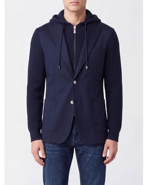 Eleventy Blazer En Tricot De Laine À Capuche Et Revers - Bleu