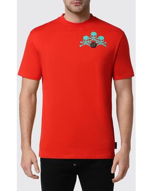 Philipp Plein Cotton T-Shirt With Skull Print And Monogram Motif - Red