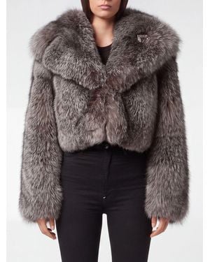 Philipp Plein Cropped Fox Fur Jacket With Crystals - Grey