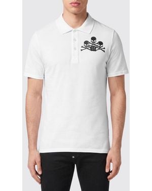 Philipp Plein Slim Fit Cotton Polo Shirt With Skull Print And Hexagon Logo - White