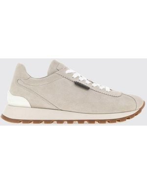 Brunello Cucinelli Baskets Basses En Cuir De Veau Suédé Avec Détail Monile - Blanc