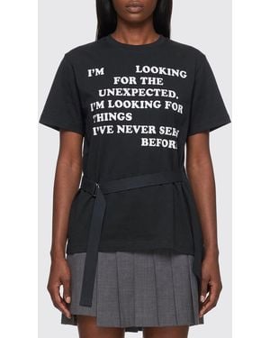 Sacai Slogan Print Cotton T-Shirt With An Asymmetrical Hem - Black