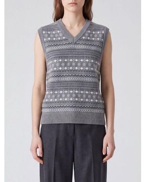DUNST Jacquard-Strickweste Aus Woll-Alpaka-Mischung Mit V-Ausschnitt - Blau