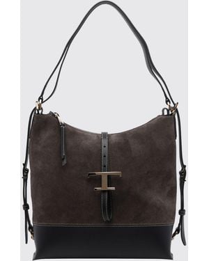 Tod's T Timeless Zweifarbige Schultertasche Aus Glatt- Und Velourskalbsleder - Schwarz