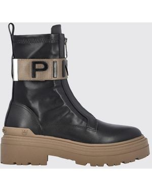 Pinko Mia Leather Biker Ankle Boots With Lettering Logo And Lug Sole - Black
