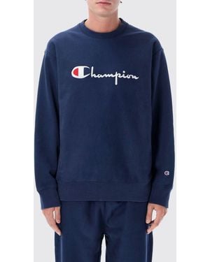 Champion Crewneck Cotton Sweatshirt With Contrast Logo And Dropped Shoulders - Blue