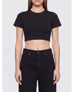 The Attico Cropped Corset-Style Cotton T-Shirt With Embroidered Logo - Black