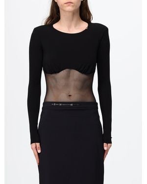 Elisabetta Franchi Sheer Mesh Long-Sleeved Top With Padded Shoulders - Black