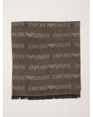 Emporio Armani Virgin Wool Blend Scarf With Jacquard Logo Pattern - Brown