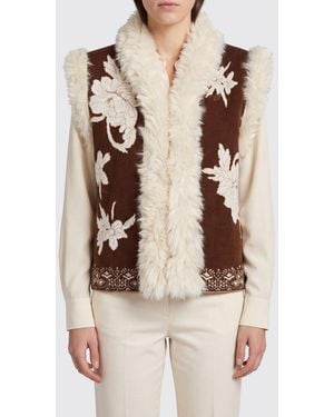 forte_forte Floral Embroidered Faux Fur Vest With Shawl Collar - Natural