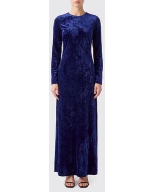 Semicouture Long Velvet Sheath Dress With Crew Neck - Blue