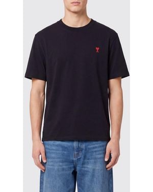Ami Paris Long-Sleeved Organic Cotton T-Shirt With Embroidered Logo - Blue