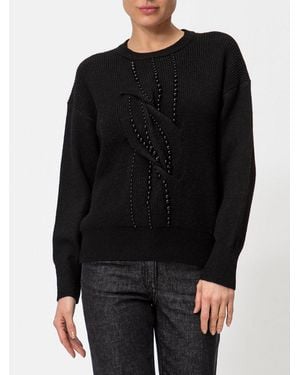 Twinset Pullover Mit Rundhalsausschnitt Von Aus Geripptem Wollmischstrick Mit Perlen - Schwarz