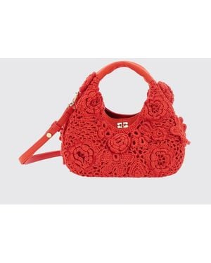 Ganni Floral Embroidery Crochet Cotton Hobo Bag With Butterfly Logo - Red