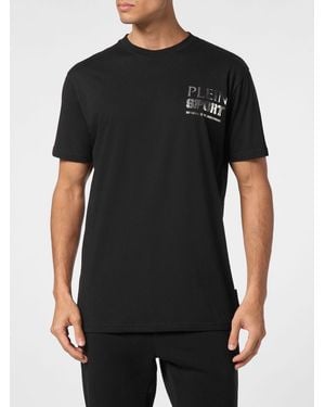 Philipp Plein Jersey T-Shirt With Graphic Print And Laminated Contrast Logo - Black
