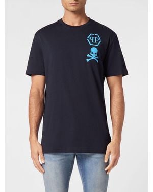 Philipp Plein Cotton T-Shirt With Skull And Logo Print - Blue