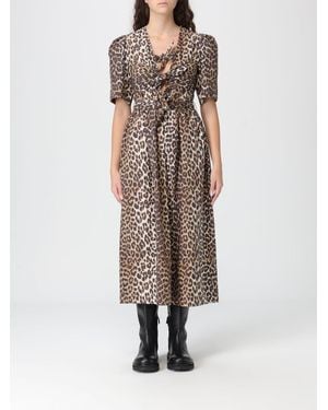 Ganni Animal Print Cotton Midi Dress - Brown
