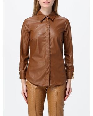 Elisabetta Franchi Slim-Fit Faux Leather Shirt With Logo Detail Cuffs - Brown