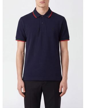 Gucci Stretch Cotton Polo Shirt With Contrasting Web And Gg Monogram Detail - Blue