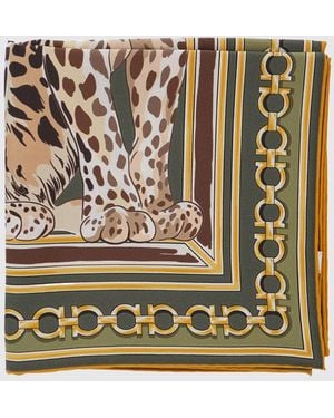Ferragamo Quadratisches Foulard Aus Reiner Seide Mit Animalier-Print Und Gancini-Logo - Mettallic