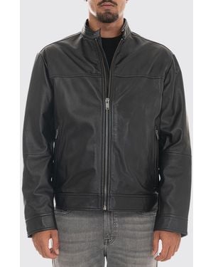 BOSS Joslay Leather Biker Jacket With High Collar And Zipped Pockets - Black