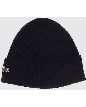 Lacoste Pure Wool Beanie With Cuffed Hem And Embroidered Crocodile Logo - Blue