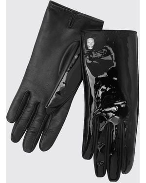 Philipp Plein Patent Leather Gloves With Skull Print And Rhinestone Application - Black
