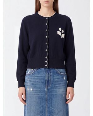 Isabel Marant Cardigan À Col Rond En Coton Et Laine Avec Logo Contrastant - Bleu
