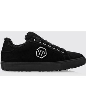 Philipp Plein Low-Top Leather And Suede Trainers With Hexagon Logo And Shearling Lining - Black