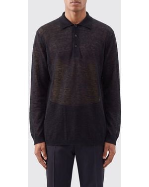 Y's Yohji Yamamoto Sheer Long-Sleeved Knit Polo Shirt - Blue