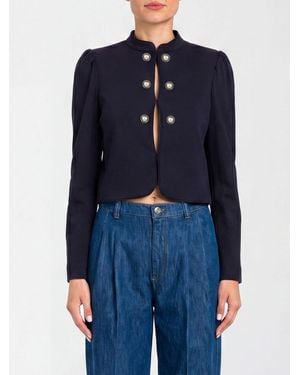 Twinset Cropped Viscose Jacket With Mandarin Collar And Pearl Embellishments - Blue