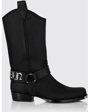 Philipp Plein Smooth Leather Western Boots With Metallic Logo And Tapered Toe - Black