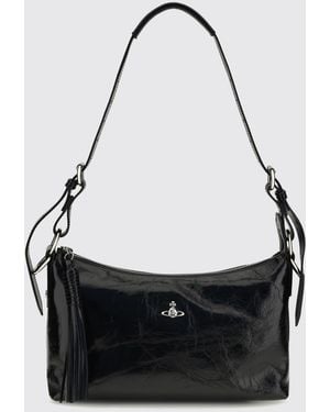 Vivienne Westwood Emma Crackled Leather Shoulder Bag With Orb Logo - Black