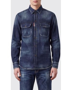 DSquared² Cotton Denim Shirt With Patch Pockets And Flaps - Blue
