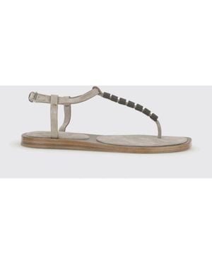Brunello Cucinelli Suede Thong Sandal With Monile - Natural