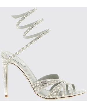 Rene Caovilla High-Heeled Satin Sandals With Rhinestone-Covered Snake Strap - White