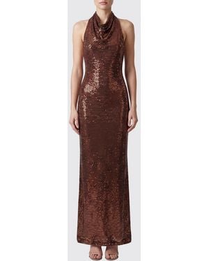 Self-Portrait Abito Da Sera Lungo Con Strass E Scollo All'Americana - Marrone