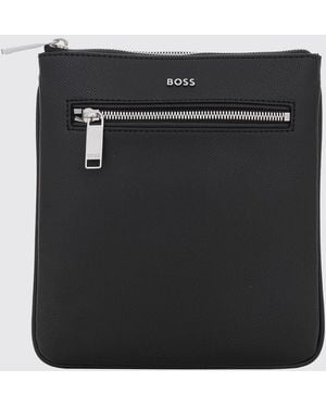 BOSS Rectangular Leather Crossbody Bag With Contrast Logo And Zip Closure - Black