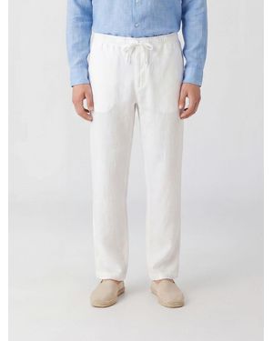 120% Lino Straight Fit Linen Trousers With Elasticated Drawstring Waist - White
