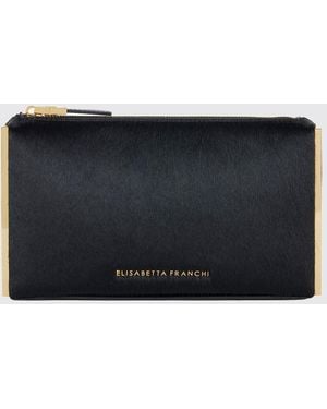 Elisabetta Franchi Rigid Pony Hair Leather Clutch With Metallic Profiles And Zip Closure - Black