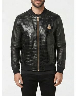 Billionaire Crocodile Leather Bomber Jacket With Crest And Elasticated Cuffs - Black
