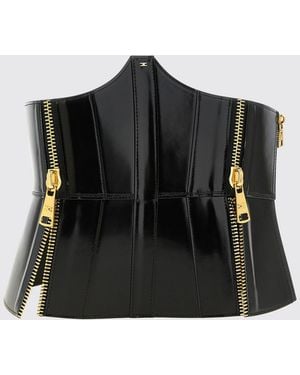 Elisabetta Franchi Leather Bustier Belt With Monogram Logo And Tie Closure - Black