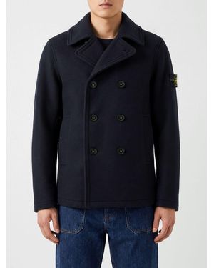 Stone Island Double-Breasted Wool Peacoat With Compass Logo Patch - Blue