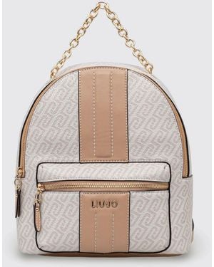 Liu Jo Grained Faux Leather Backpack With All-Over Monogram - Natural