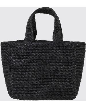 Manebí Natural Raffia Crochet Handbag With Tone-On-Tone Embroidered Logo - Black