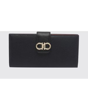 Ferragamo Grained Calfskin Leather Wallet With Gancini Logo - Black