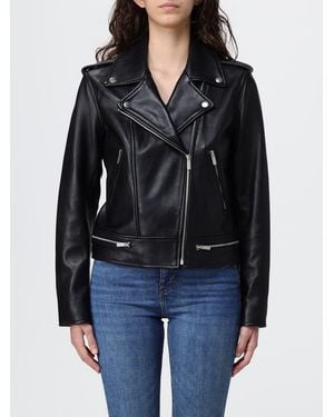 Twinset Leather Biker Jacket With Asymmetrical Zip And Shoulder Epaulettes - Black